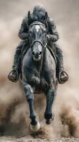 Rider races through dust on a powerful horse during an exhilarating competition in an outdoor arena photo