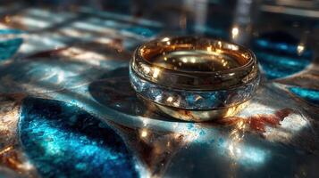 Elegant golden ring with gemstones resting on a reflective surface illuminated by soft light photo