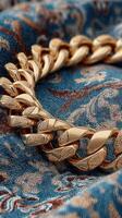 Golden chain placed on richly patterned fabric with intricate designs highlighting its elegance and luxury photo