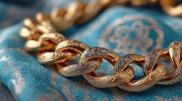 Elegant gold jewelry resting on a textured blue fabric with intricate designs and sparkling accents photo