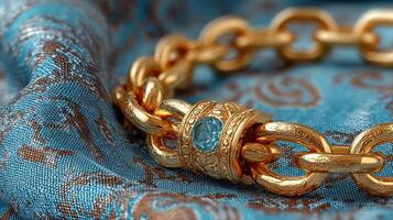 Elegant gold bracelet resting on luxurious blue fabric with intricate patterns showcasing its beauty and design details photo