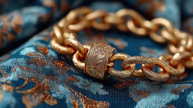 Gilded chain bracelet rests on intricately patterned blue fabric with golden highlights photo