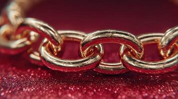 Close-up view of a gold chain link resting on a shimmering red surface in a well-lit setting photo