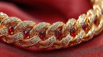 Elegant gold and ruby necklace displayed on red fabric, showcasing luxury and craftsmanship in jewelry design photo