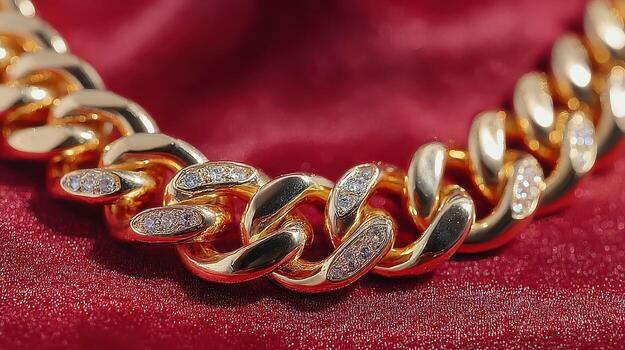 Close-up view of an intricate gold and diamond necklace displayed on rich red fabric photo