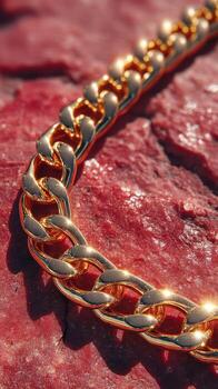 Intricate gold chain resting on textured red surface capturing unique detail and shine photo