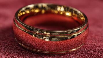 Elegant gold ring reflecting light on a rich red fabric background, showcasing its detailed craftsmanship and shiny finish photo