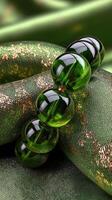 Elegant green glass beads resting on luxurious fabric with intricate patterns in a soft, ambient light photo