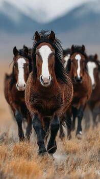 manada de caballos trote mediante abierto campos con montañas en el antecedentes durante el tarde tarde foto