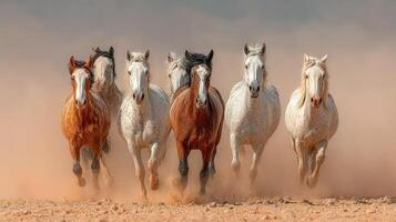 Horses galloping through dusty terrain in the early morning light photo