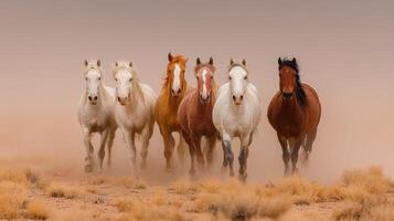 Majestic horses galloping through dusty landscape during golden hour in the wild photo