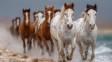 Wild horses gallop along the shore during twilight creating a dynamic display of motion and beauty in a natural landscape photo