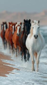 Horses galloping along the shoreline at sunset, creating splashes and enjoying the ocean breeze photo