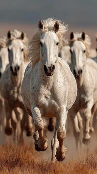 blanco caballos Galopando a través de abierto pradera debajo un nublado cielo durante tarde tarde horas foto