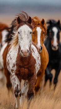 manada de caballos corriendo en un dorado campo durante crepúsculo debajo un nublado cielo foto