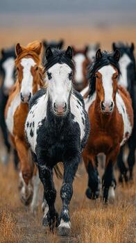 manada de caballos corriendo mediante un herboso campo debajo un nublado cielo en temprano Mañana foto
