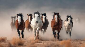 Wild horses galloping across a dusty plain during sunset in a dramatic display of strength and beauty photo