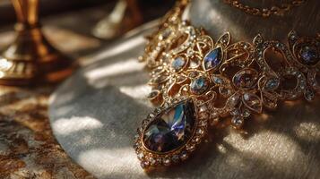 Exquisite golden necklace adorned with sparkling gemstones displayed on elegant background at afternoon light photo