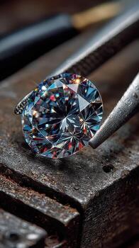 Expert artisan examines a polished diamond during the gem crafting process in a workshop setting photo