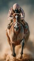 Racehorse gallops vigorously with jockey in full stride during an exciting equestrian event at sunset photo