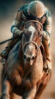 Dynamic race between a jockey and a horse on a track during sunset hours photo