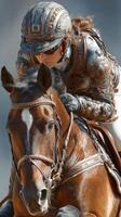 Equestrian rider in ornate armor skillfully guiding a majestic horse in a competitive jump during an outdoor event photo