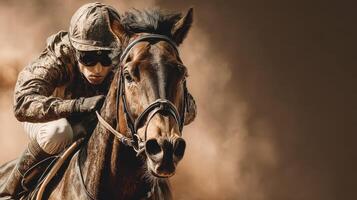 Late afternoon horse racing action with a focused jockey in dramatic dust clouds photo