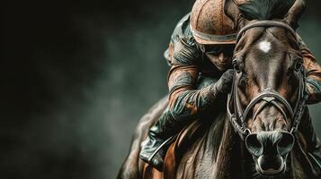 Jockey races a strong horse, showcasing skill and determination during a competitive event at a racetrack photo