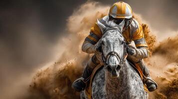 Horse and jockey racing at high speed on a dirt track during a sunny afternoon photo
