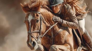 Rider in action on a brown horse with flowing mane during a competition in an outdoor arena photo