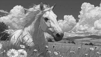 Majestic white horse galloping through a blooming meadow under a dramatic sky filled with clouds photo