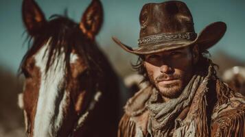Cowboy stands confidently next to his horse in a rugged landscape during golden hour, showcasing the spirit of the Wild West photo