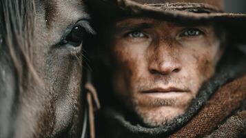 Intense gaze of a cowboy alongside a horse in a rugged landscape at dusk photo