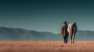 Cowboy walks alongside horse through golden grassland at dusk with mountains in the background photo