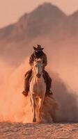 Rider on a white horse gallops through dust at sunset near rugged mountains photo