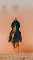 Dusty cowboy riding through a sunlit haze on horseback during a serene morning on the open plains photo