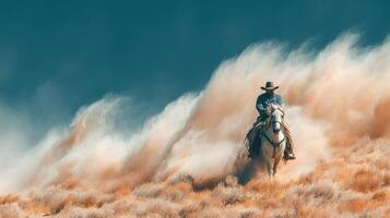 Rider on horseback navigating through swirling dust in a desert landscape under a clear blue sky photo