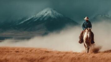 Rider on a horse traverses golden grassland with snow-capped mountains in background during a cloudy afternoon photo