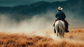 Cowboy rides a horse through dusty grasslands at sunset with mountains in the background photo