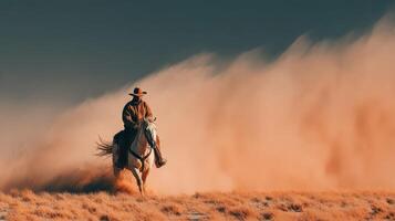 Cowboy riding a horse through a dusty landscape at sunset in the American West photo