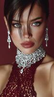 Stunning model showcases elegant jewelry with a striking makeup look in a close-up portrait photo