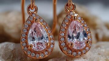 Elegant rose gold drop earrings with sparkling diamonds displayed on a textured surface photo