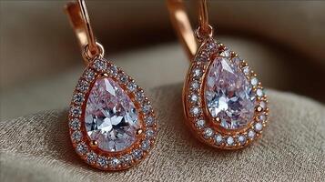 Elegant rose gold earrings with sparkling gems displayed on soft fabric backdrop photo
