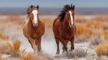 Wild horses run freely across a desert landscape under a cloudy sky during late afternoon photo