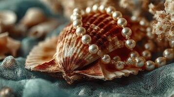 Elegant pearl necklace draped over a seashell with delicate decorations on soft fabric photo