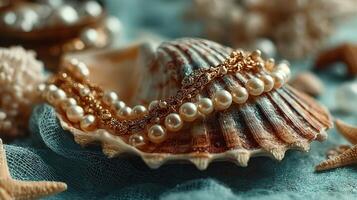 Beautiful jewelry arrangement featuring pearls and seashells on a blue fabric background in a coastal setting photo