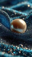 Elegantly resting pearl on shimmering blue fabric creates a luxurious visual experience photo