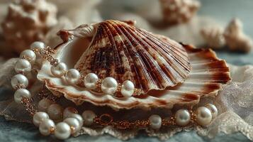 Decorative seashell with pearl necklace resting on delicate fabric at a coastal decor setting photo