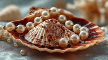 Elegant pearl necklace displayed on a conch shell, showcasing intricate design and natural beauty in a soft, sepia-toned setting photo
