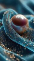 Stunning pearl rests on luxurious blue fabric with sparkling details, showcasing elegance and beauty in soft light photo